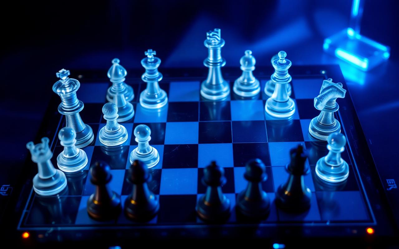 A backlit glass chess set mid-game on a dark board, cold blue light raking across the pieces, evoking strategic evaluation and move-by-move scrutiny