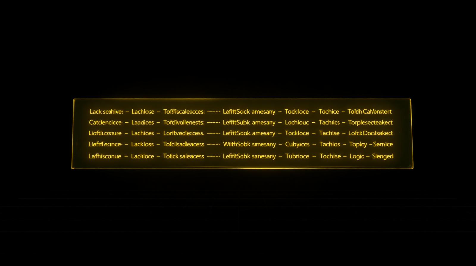 An editorial dark-space illustration of a glowing translucent card with rows of amber term labels, representing the AI marketing glossary