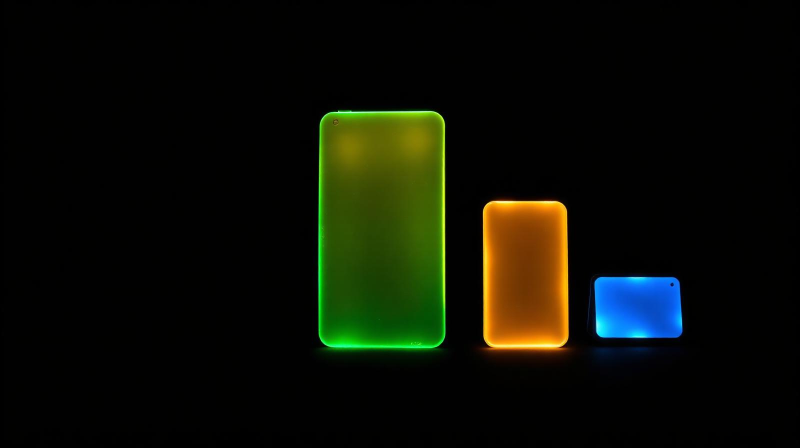 Three glowing translucent slabs in dark space, a tall amber generalist next to smaller emerald and indigo dedicated writing tools, representing the cost-per-output comparison