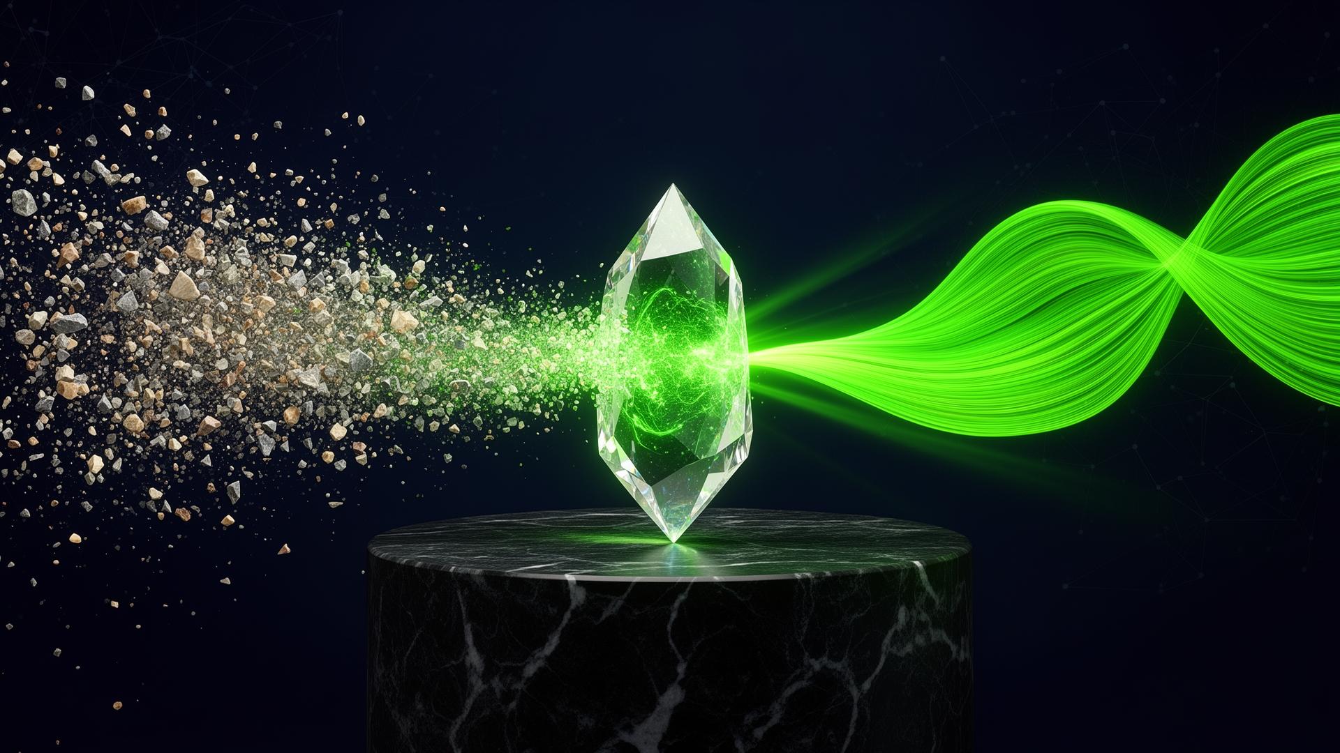A luminous volt-green crystal prism on a dark marble podium, refining a cloud of scattered grey particles on the left into a single coherent ribbon of green light flowing rightward
