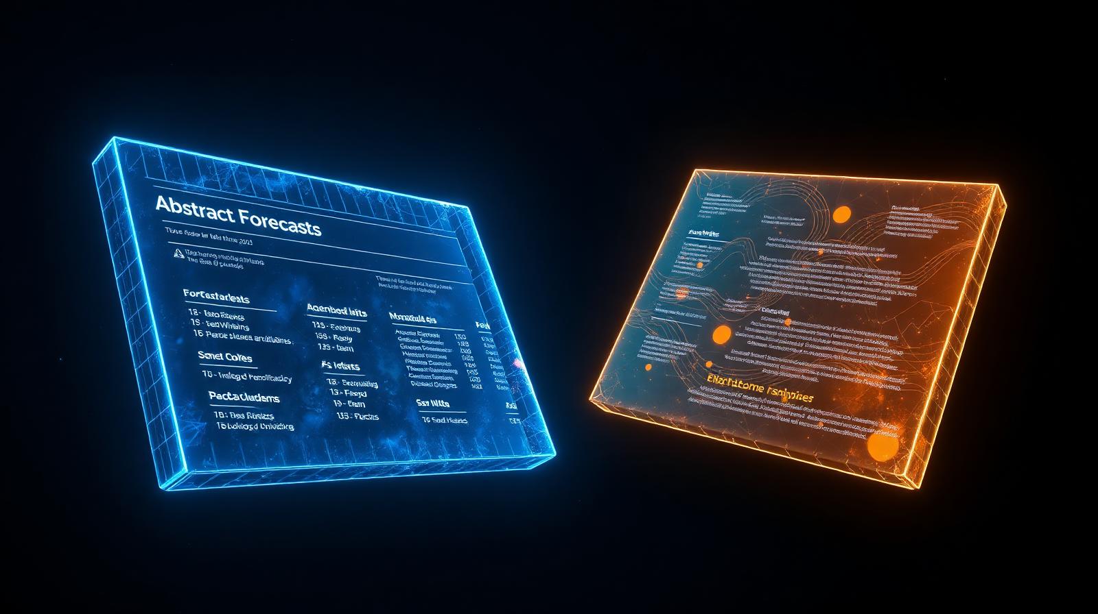 An editorial dark-space illustration of two glowing translucent slabs, one indigo with forecast data and one amber with flowing generated content, representing predictive and generative AI