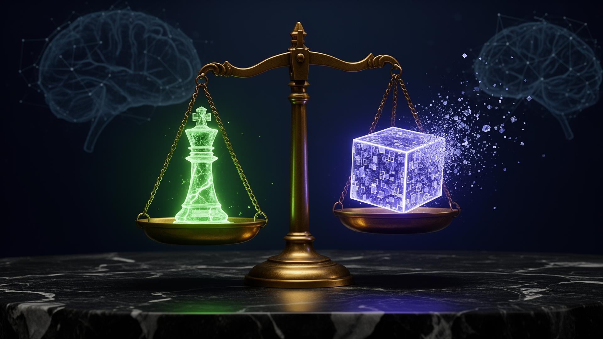 A luminous holographic AI marketing career command center showing safe roles glowing volt-green and at-risk roles in cool indigo, with a human silhouette directing AI interfaces